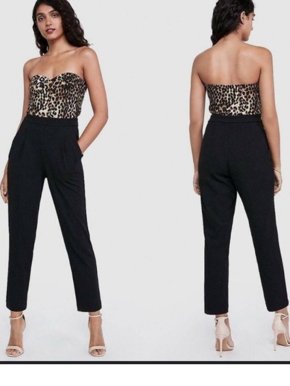 Express Strapless Leopard Bust Jumpsuit in Black and Brown